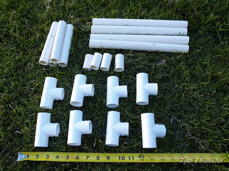 _6219796.JPG - Here are the basics supplies needed for one level's worth of my modular 3/4" PVC tomato cage.  4 x 12" pipe,  4 x 6" pipe,  4 x 1.75" pipe (spacers), 8 x T's.