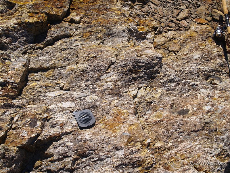 20090816_20_Lakes_Basin_0355.JPG - Here's a great example of old sandstones & conglomerates near Z lake.  Lens cap is 3.5" wide.