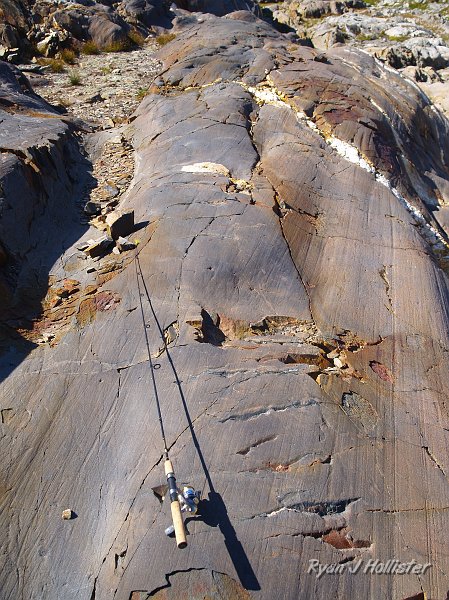 20090816_20_Lakes_Basin_0360.JPG - Amazing glacial polish, gouging and most impressively,  what I think are chatter marks (but it's really a little hard to tell for certain).  The chatter marks are the horizontal gouges that trend in the direction of my 6'6" fishing rod created by the sticking & picking of a glacier going over these rocks.  These are by far the largest chatter marks I have seen in person.