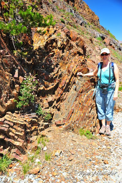 RJH_4890.JPG - Laura stands next to an amazing fold in the paleozoic-aged metasedimentary rocks..  To regular folks, that's really old sandstones and such  that are over 250 million years old.  We'll see these folds again later in better light.