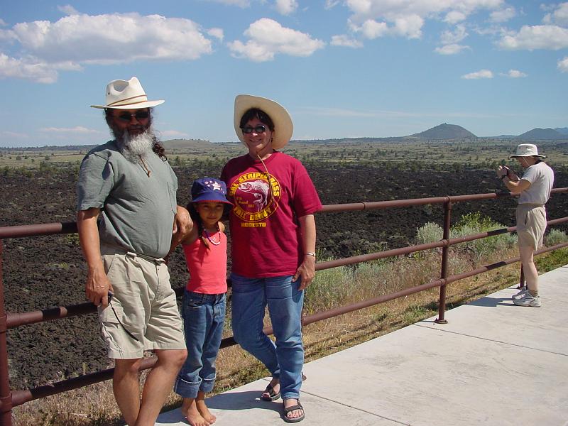 DSC00103.JPG - Dr. Santos, Boo & Sandy enjoy the Aa lava fields at Lava Beds.  To find out more about them, click on my Lava Beds trip from August 2007.