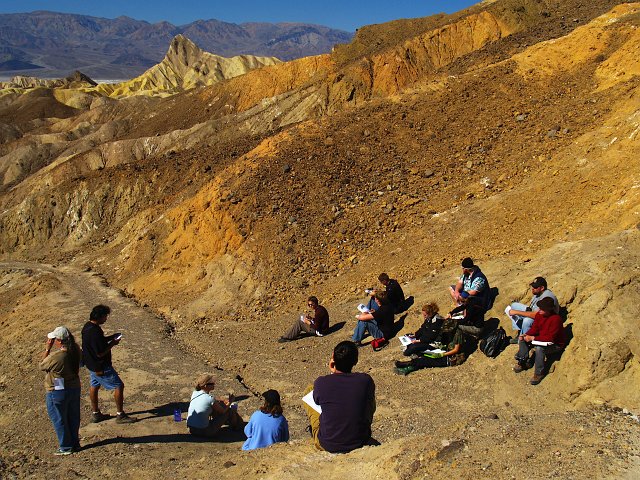 _2160616.JPG - Zabrisky Point and the Funeral Formation of lacustrine deposits from the "first" Death Valley. The MJC kids do an exercise on water and flood diversion here.
