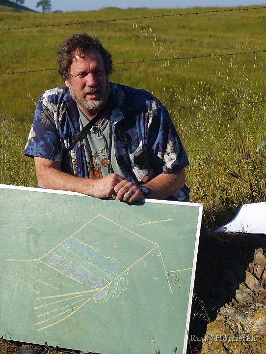 _4047784.JPG - Garry gets the morning started outside McSwain Reservoir on Hornitos Road.  He loves his chalkboard... here he illustrates the current make-up of the Sierras.
