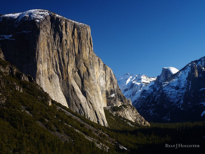 _1036227.JPG - El Capitan & Half Dome look magnificent in this light.  El Cap is part of the El Capitan Granite which is about 102 million years old. Half Dome is comprised of Half Dome Granodiorite which has been dated to 89 milion years old.