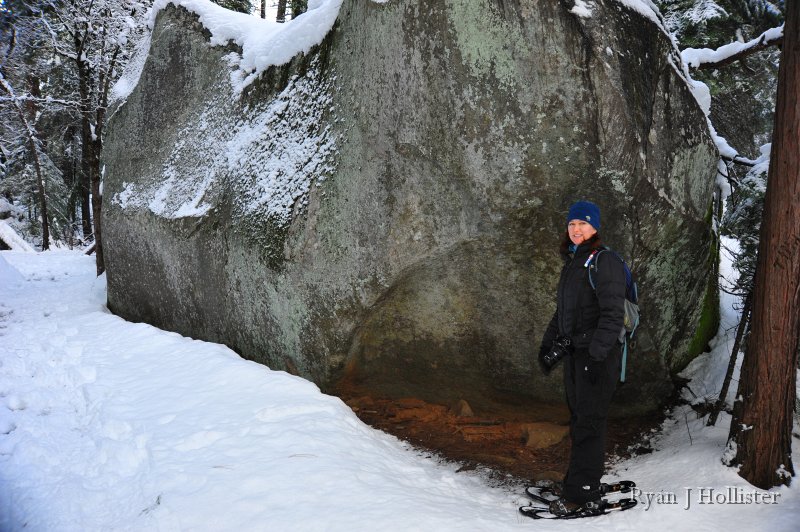 RJH_7426.JPG - Mrs. H stands next to a remnant of a very large rock avalanche from sometime within the past 15,000 years.  According to park geologist Greg Stock the rock avalanche resulted in nearly 34 million! tons of rock crashing to the valley floor just east of Washington Column in a matter of seconds.