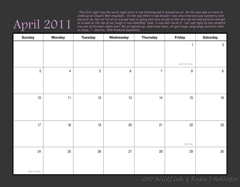 09AprilDays.jpg - Monthly dates & WildLink member quote.