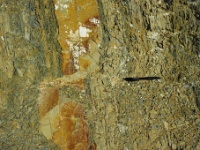 Fault trace and offset in the rocks.  Pen for scale