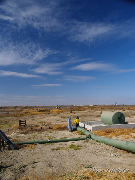 mendota_wildLink_111409_0917.JPG - Fresno Slough is in the far background, and the yellow pump in the foreground is responsible for flooding Meyers' water bank.